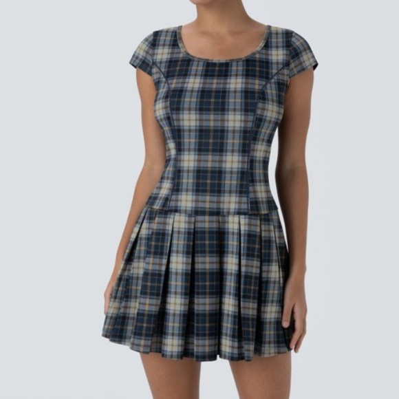 Halara Backless Tie Back U Neck Plaid Pleated Hem Mini Casual Dress NWT - Picture 2 of 7